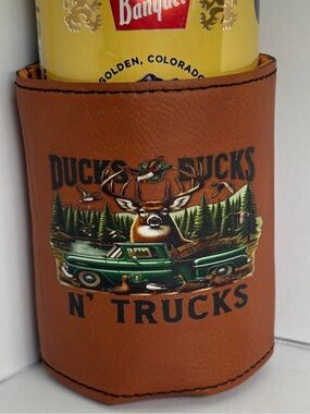 Leather Can Cooler Koozie | DUCKS, BUCKS ‘n TRUCKS on one side (NEW)